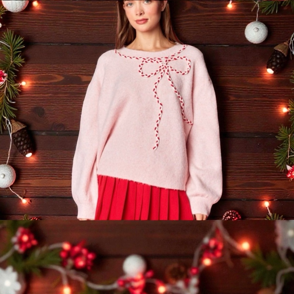 Rareraw Sweater in Pink with Candy Cane Bow. Recycled Finer Blend. NWT - Picture 16 of 16